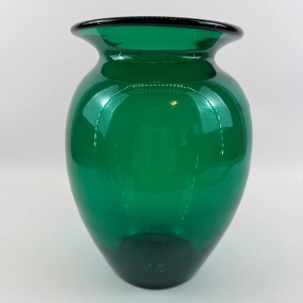Vintage Blenko 431L Emerald Green Hand Blown Glass Vase Original Foil Sticker